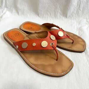 Escada sandals orange leather brown gold coin 38.5 8.5 flat flip flop thong